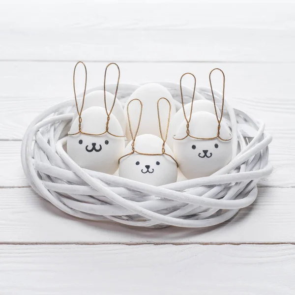 Easter Chicken Eggs Smileys Bunny Ears Nest Table — Stock Photo, Image