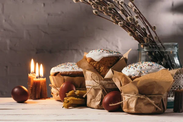 Easter Bread Painted Eggs Candles Wooden Table — Stock Photo, Image