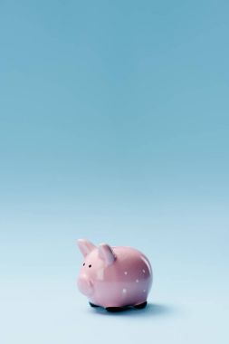 close up view of pink piggy bank isolated on blue clipart