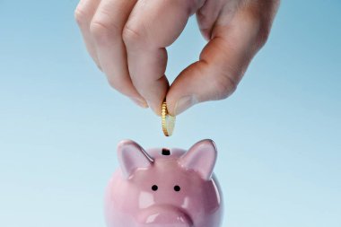 partial view of man putting coin into pink piggy bank isolated on blue clipart