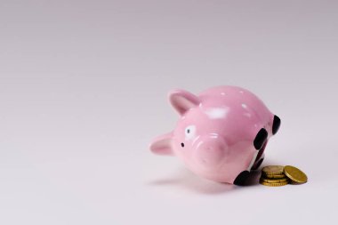 close up view of pink piggy bank and pile of coins isolated on lilac clipart