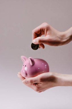 Leylak üzerinde 50 euro cent pembe piggy banka el koyarak kadın kırpılmış atış izole
