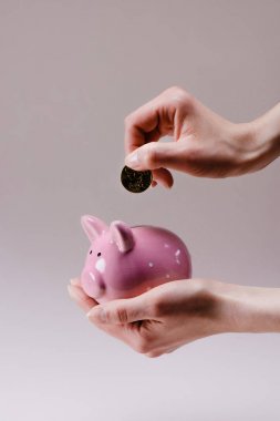 cropped shot of woman putting 50 euro cent into pink piggy bank in hand isolated on lilac clipart