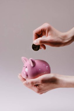 cropped shot of woman putting 50 euro cent into pink piggy bank in hand isolated on lilac clipart