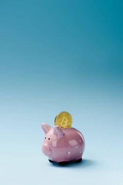 Close up view of pink piggy bank and golden bitcoin on blue backdrop clipart