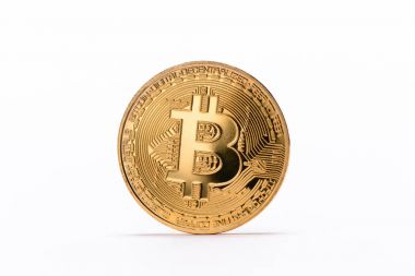 Close up view of golden bitcoin isolated on white clipart