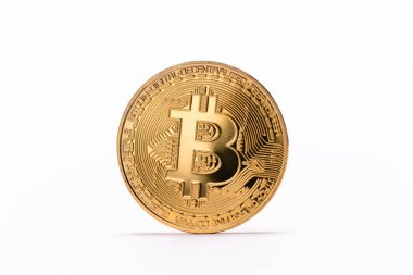 Close up view of golden bitcoin isolated on white clipart