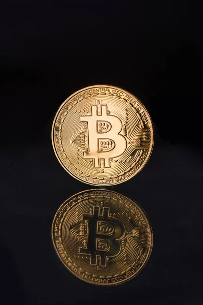 Close View Golden Bitcoin Reflection Isolated Black — Stock Photo, Image