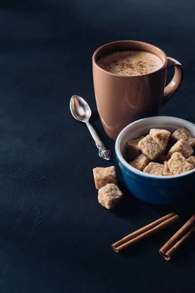 Close View Cup Coffee Bowl Brown Sugar Cinnamon Sticks Dark — Free Stock Photo
