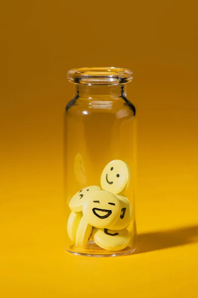 Close Shot Pills Smiley Faces Glass Bottle Yellow — Stock Photo, Image
