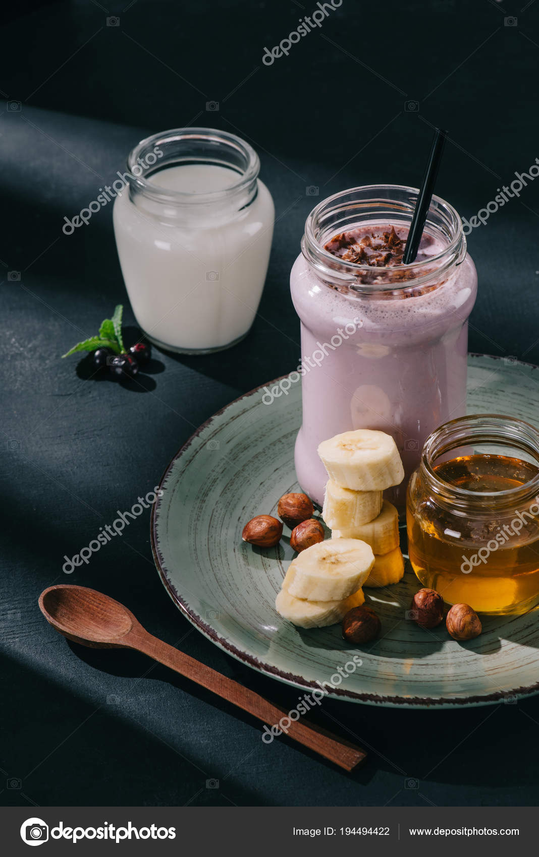 Closeup Image Berry Smoothie Jam Banana Slices Walnuts Plate Spoon