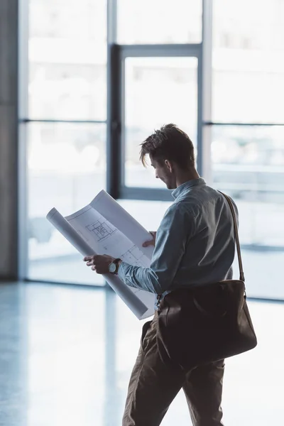 Side View Architect Looking Blueprint Hands Empty Building — Stock Photo, Image