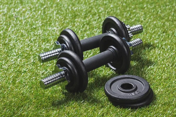 Dumbbells with weight plates on grass — Stock Photo