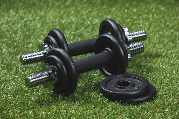 Dumbbells with weight plates on grass — Stock Photo