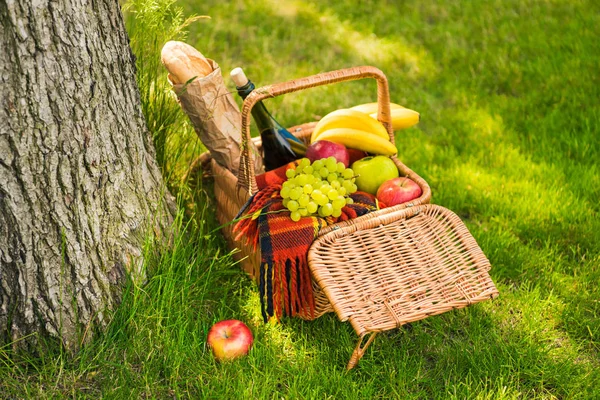 Picnic basket with fruits and wine — Stock Photo