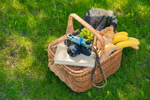 Cesta de picnic con frutas y cámara - foto de stock