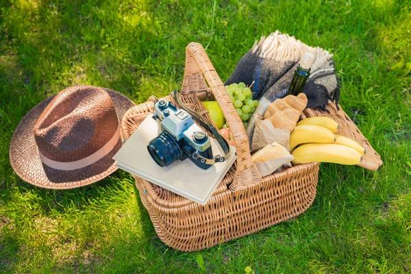 Cesta de picnic con frutas y cámara - foto de stock