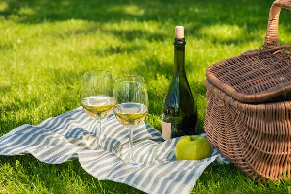 Cesta de picnic y copas de vino - foto de stock