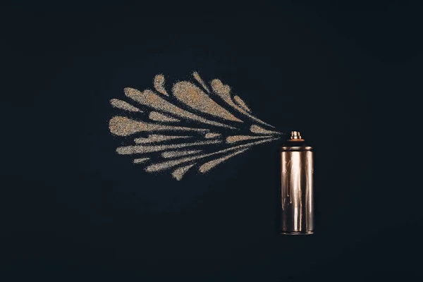 Top view of aerosol paint in can and splashes isolated on black — Stock Photo