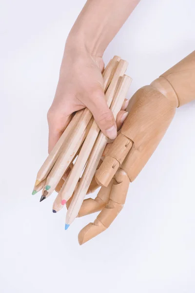 Plan recadré de main humaine et mannequin tenant des crayons isolés sur blanc — Photo de stock
