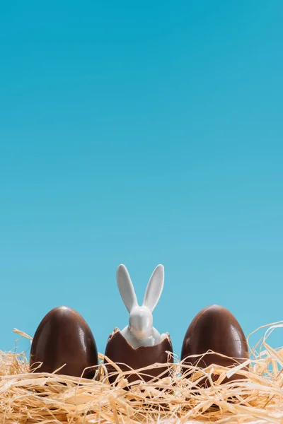 Lapin de Pâques dans des œufs en chocolat sur paille isolée sur bleu — Photo de stock