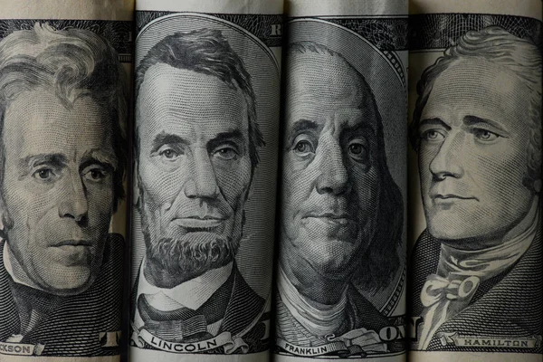 Крупный план американских президентов по банкнотам в долларах — Stock Photo