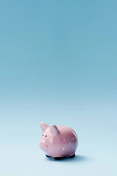 Close up view of pink piggy bank isolated on blue — Stock Photo