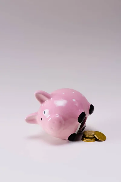 Close up view of pink piggy bank and a pile of coins isolated on lilac — стоковое фото