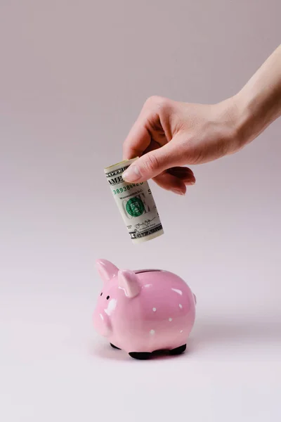 Cropped shot of woman putting dollar banknote into pink piggy bank isolated on lilac — Stock Photo