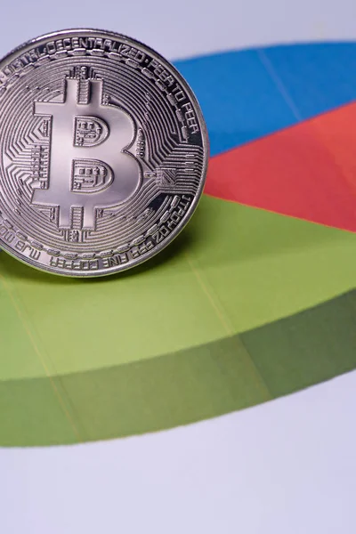 Close up view of silver bitcoin on colorful diagram — Stock Photo