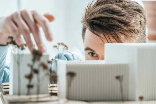 Junge Architektin schaut sich selbstgebautes Baumodell im Büro an — Stockfoto