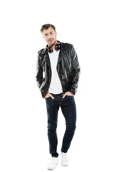 Stylish man in leather jacket with headphones — Stock Photo, Image