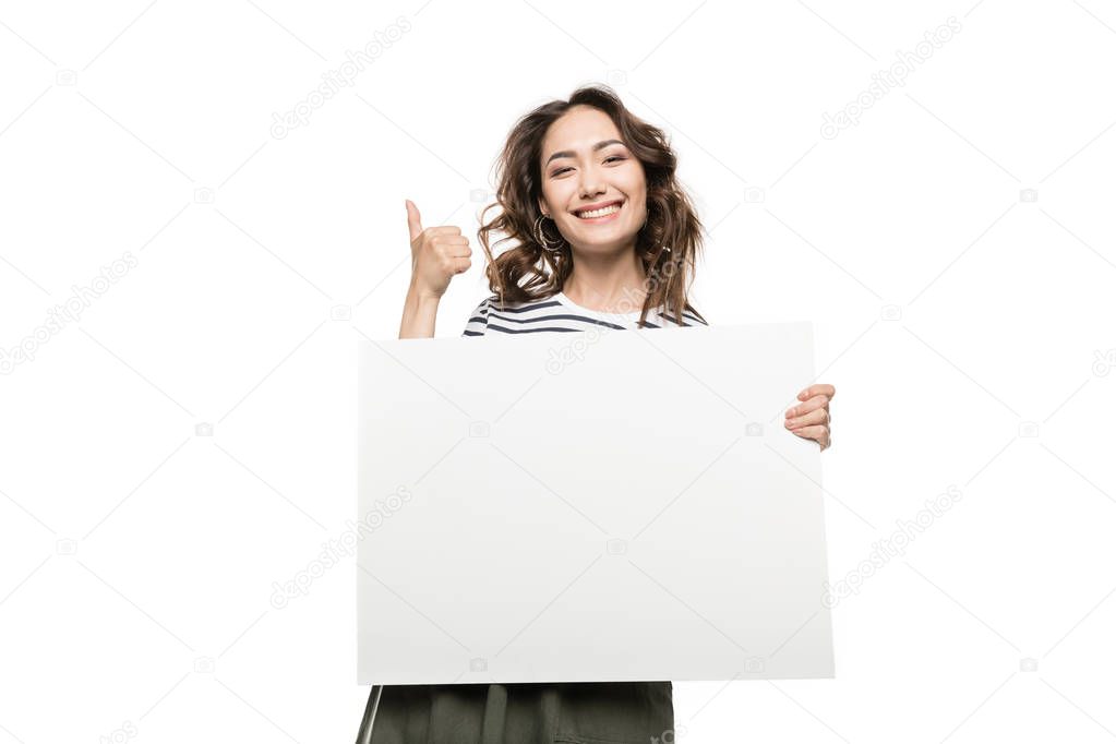 Woman holding blank card 