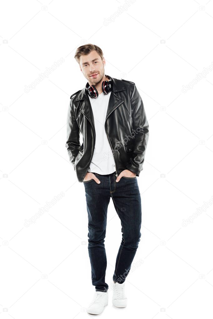 stylish man in leather jacket with headphones