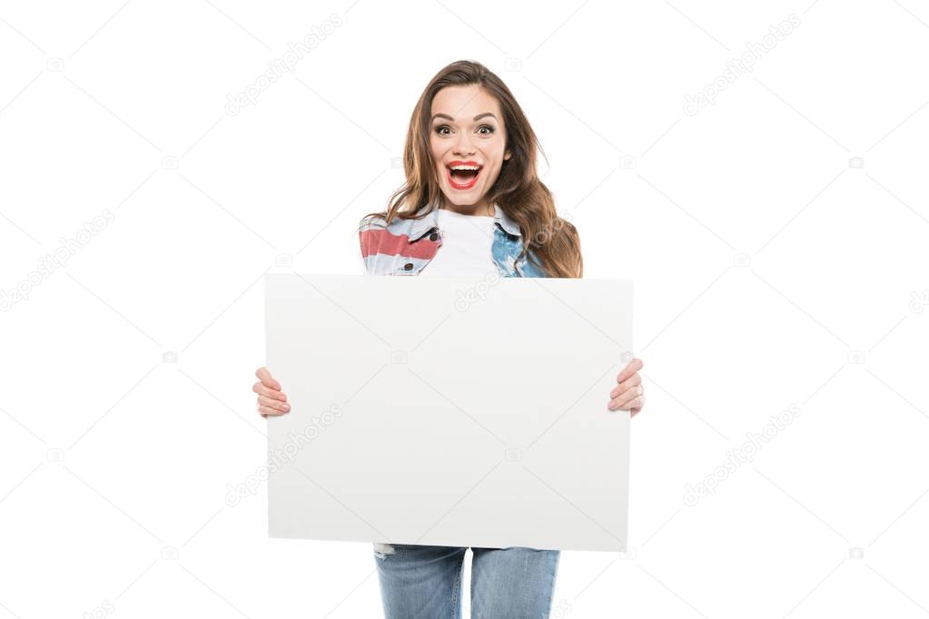 young woman holding empty banner