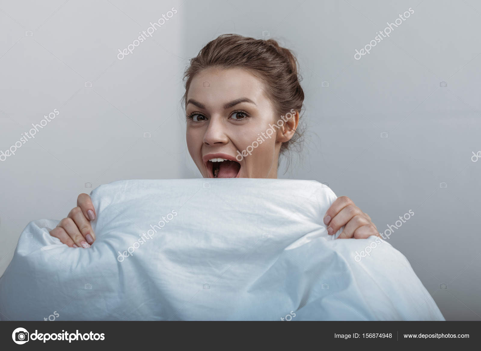 Woman covering face with bedcover — Stock Photo © AllaSerebrina #156874948