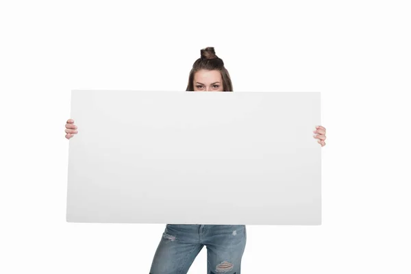 Woman holding empty banner — Stock Photo, Image