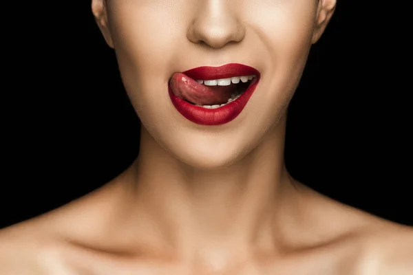 Woman licking lips — Stock Photo, Image