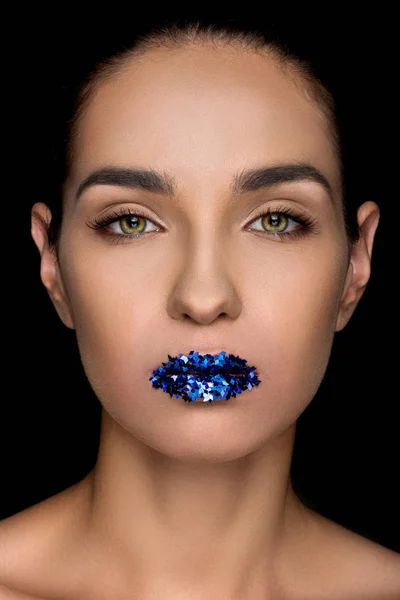 Fashionable woman with sparkles on lips — Stock Photo, Image