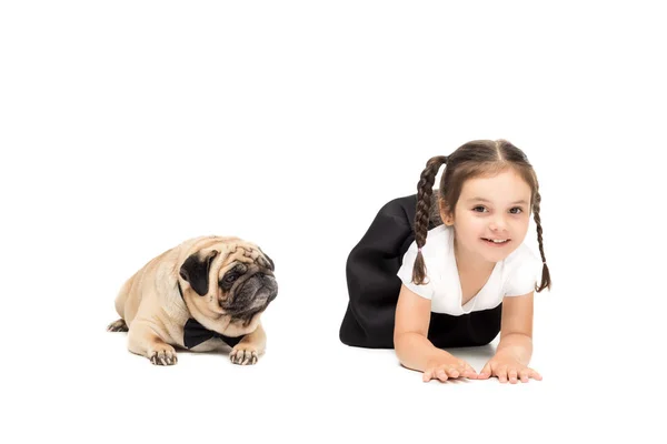 Girl with pug dog — Stock Photo, Image
