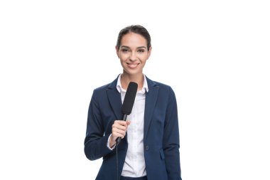 kadın gazeteci mikrofon ile