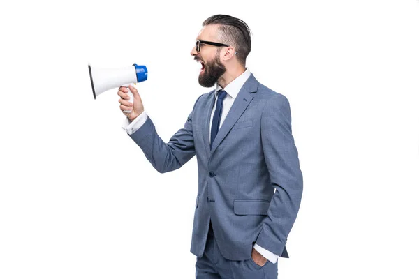 Empresário gritando em megafone — Fotografia de Stock