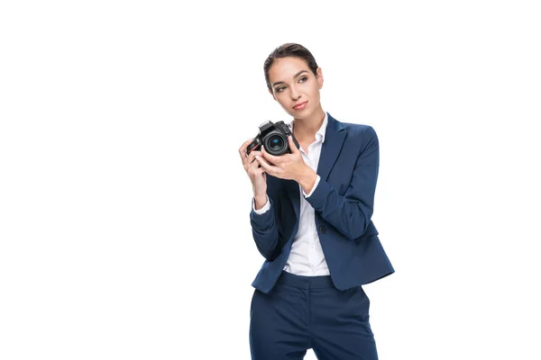 Zakenvrouw nemen foto op camera — Stockfoto