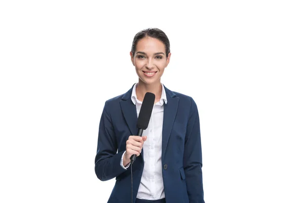 Jornalista feminina com microfone — Fotografia de Stock
