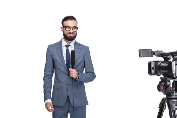 Handsome journalist with microphone — Stock Photo, Image