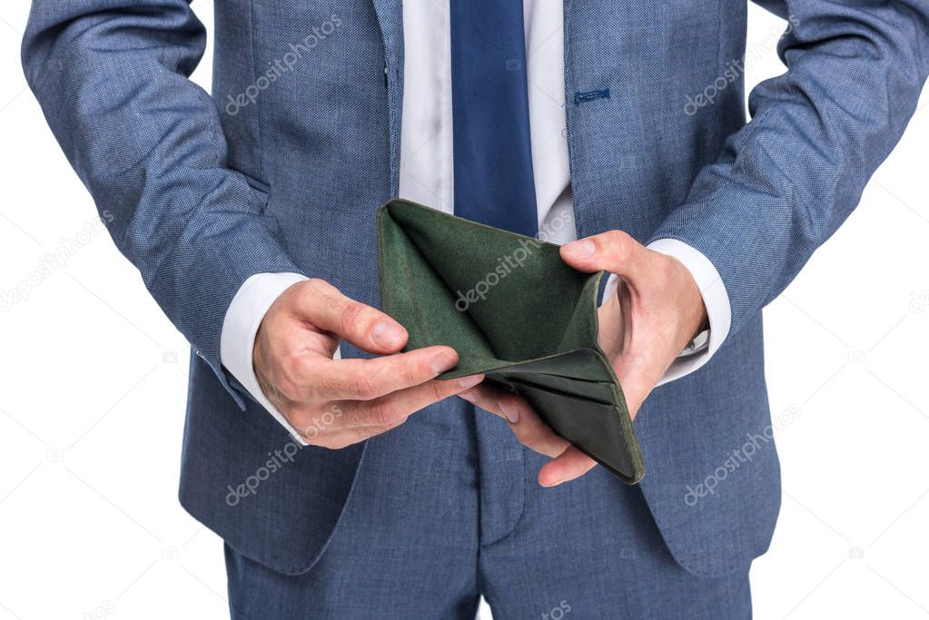 businessman holding empty wallet