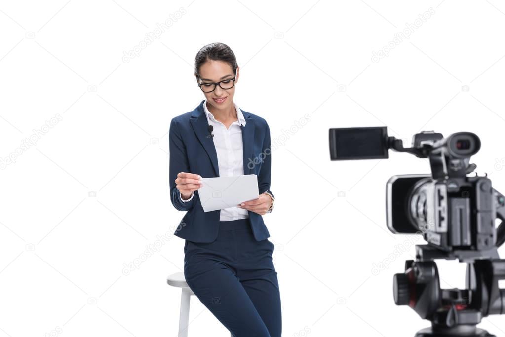 newscaster sitting in front of camera