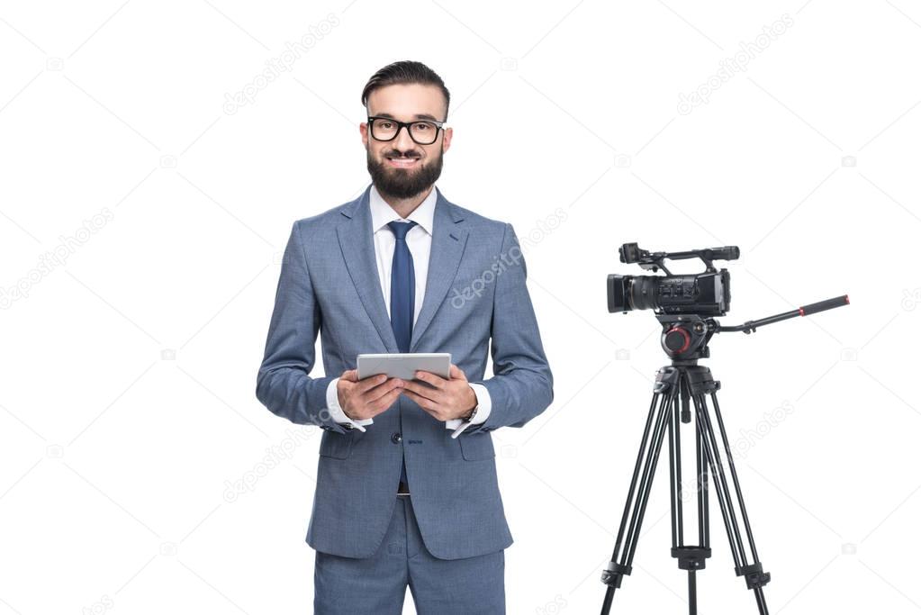 television reporter using digital tablet 