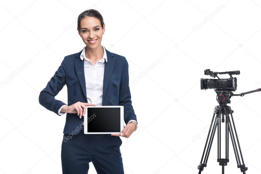 businesswoman presenting digital tablet
