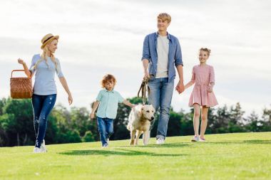 family with dog walking in park clipart